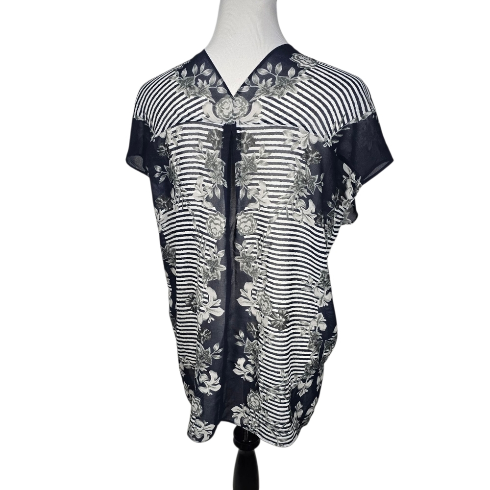Cabi Size Small Blue White Gray Floral Striped Sheer Blouse - Picture 4 of 7